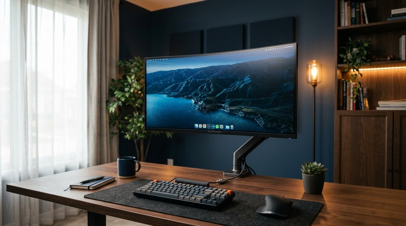 Curved Screen Positioning Ultrawide Monitor Remote Work Setup - Gas Spring VESA Arm