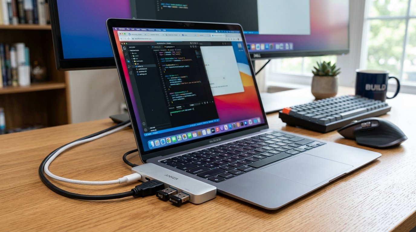 Mobile Laptop Remote Work Setup - USB-C Multi-Port Pass-Through Hub