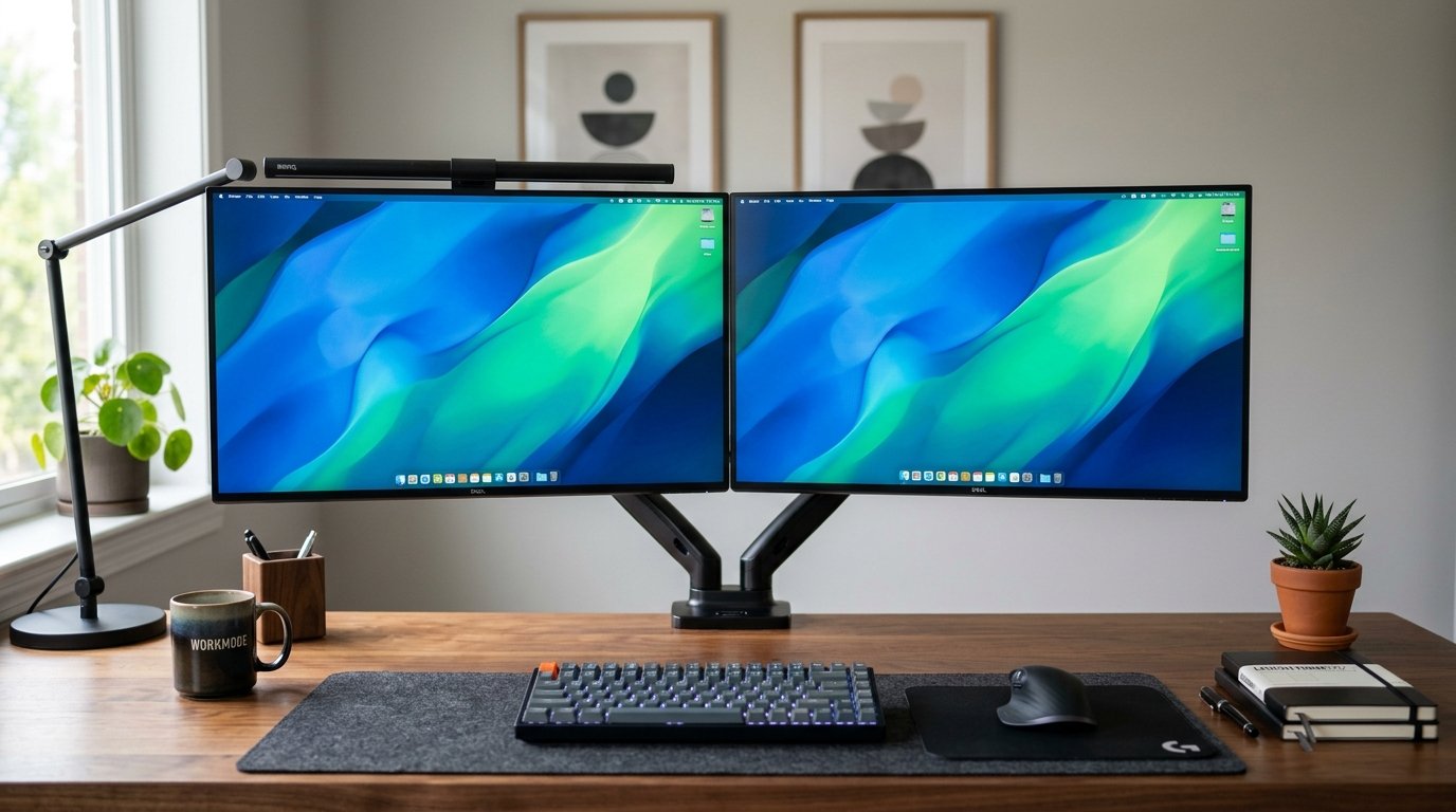 Dual Monitor Remote Work Setup - Level Display Height Alignment