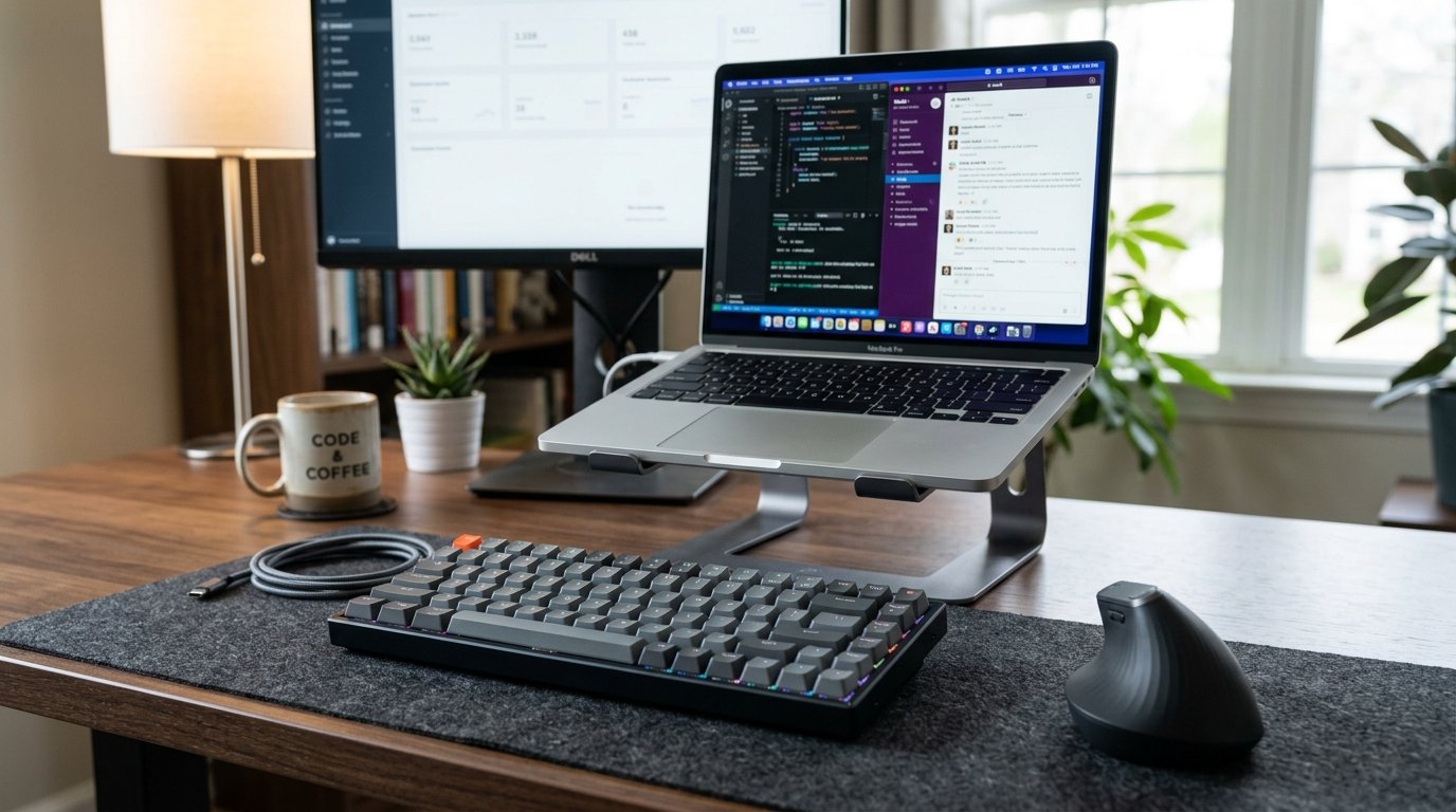 Ergonomic Laptop Remote Work Setup - Wireless Keyboard and Mouse
