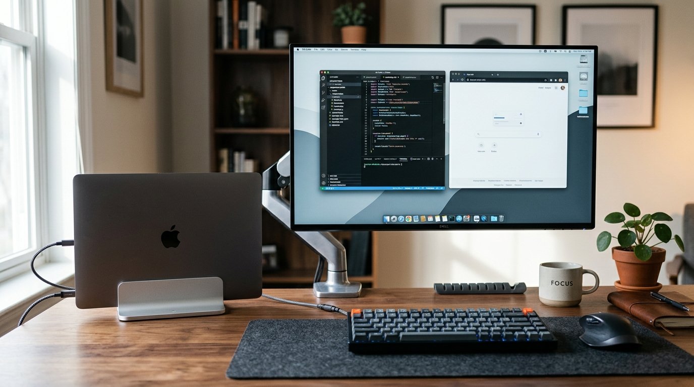 Minimalist Laptop Remote Work Setup - Vertical Laptop Docking Riser