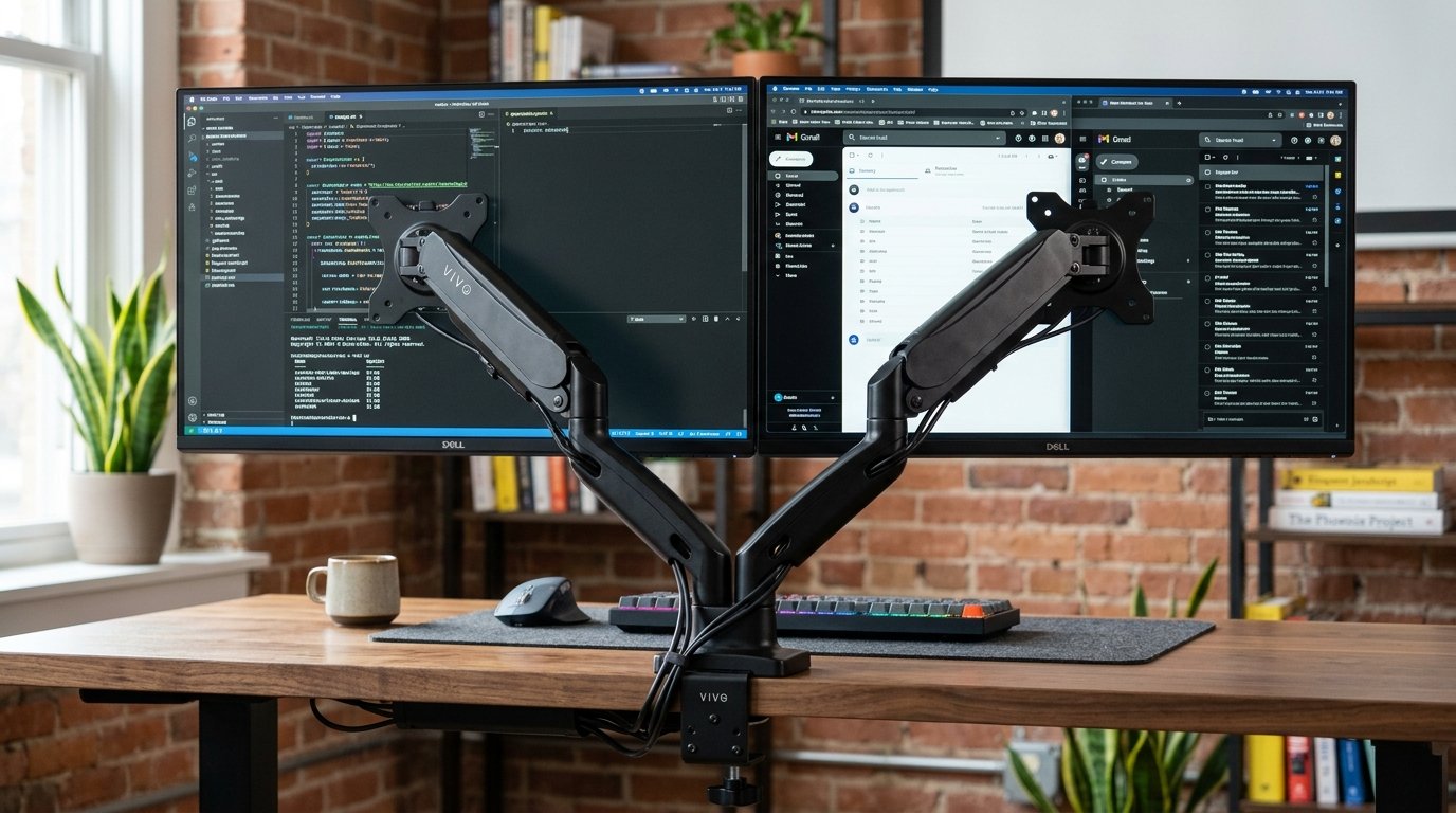 Dual Monitor Remote Work Setup - Articulating Gas Spring Monitor Arm