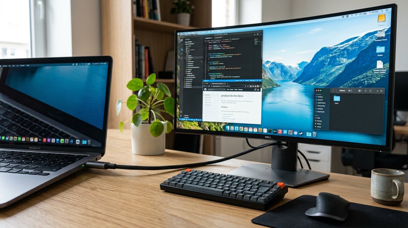 Single Cable Power Delivery Ultrawide Monitor Remote Work Setup - USB-C Hub Connection
