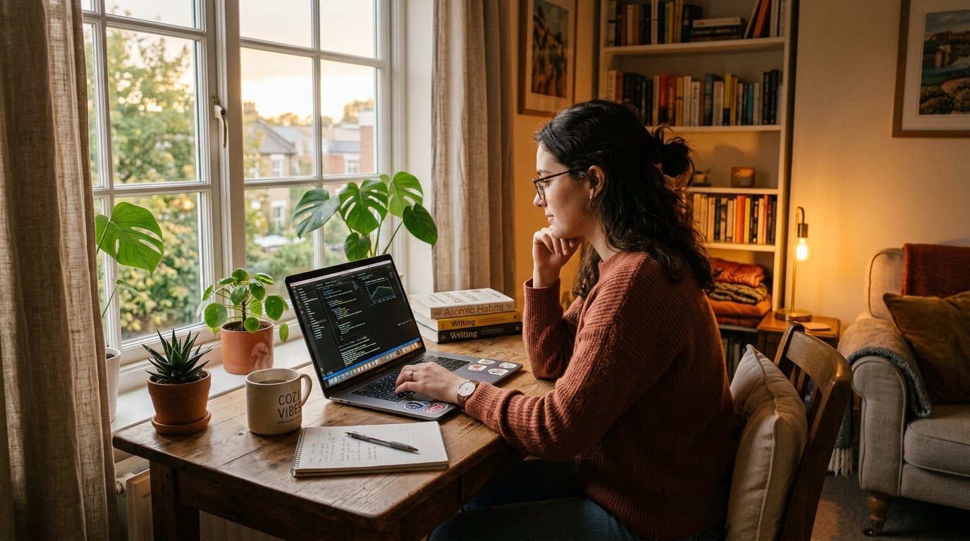 Comfortable Laptop Remote Work Setup - Eye Strain Lighting Adjustment