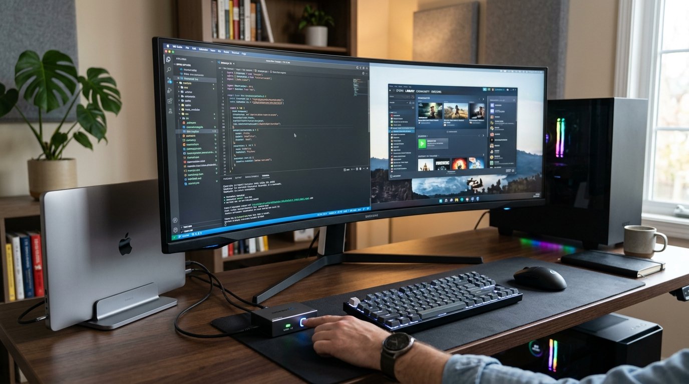 Dual Host Workstation Ultrawide Monitor Remote Work Setup - Integrated KVM Switch
