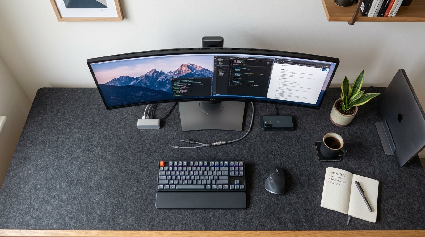 Ergonomic Desk Depth Ultrawide Monitor Remote Work Setup - Wool Felt Desk Pad