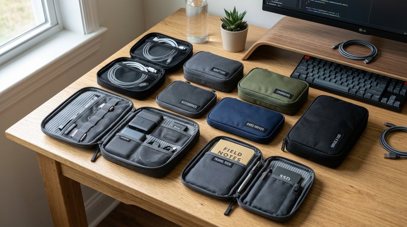 Tech Organizer Case Portable Remote Work Setup - Padded Cord Travel Pouch