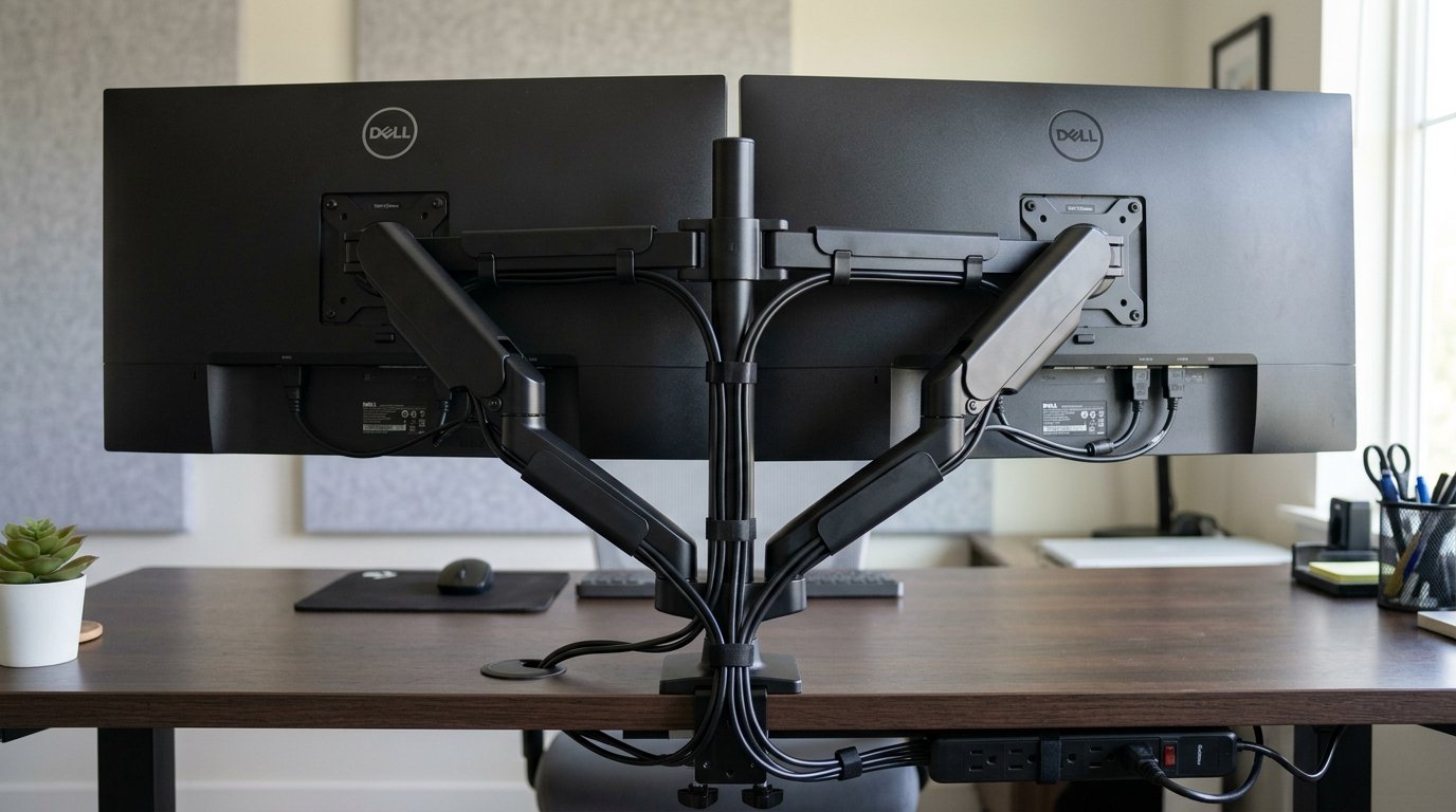Dual Monitor Remote Work Setup - Monitor Arm Cable Channels