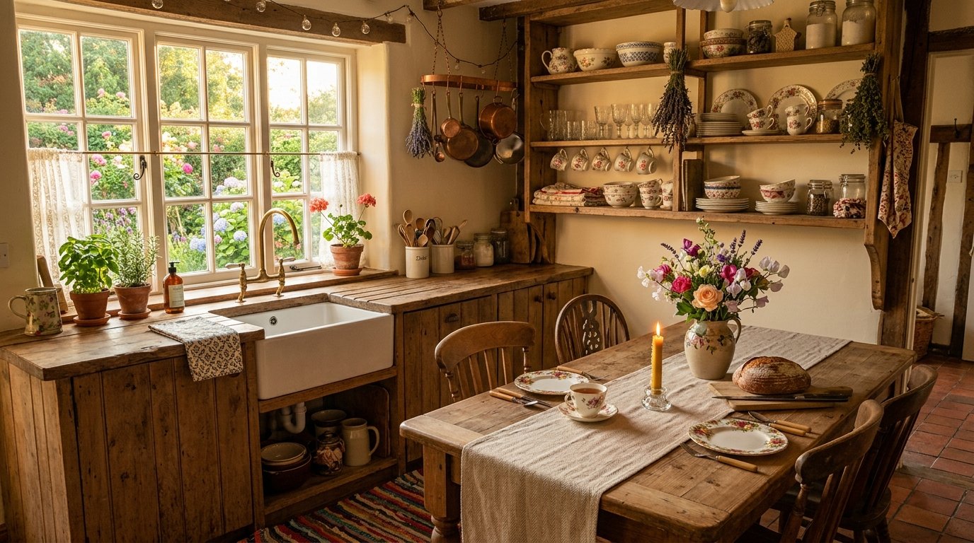 Cozy cottagecore and farmhouse home decor styles kitchen