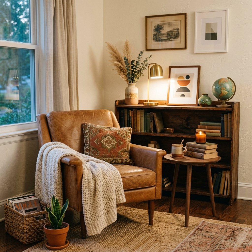 Stylish living room corner featuring thrifted vintage decor