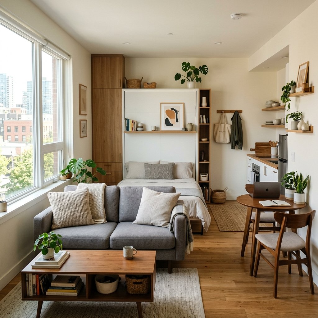 Smartly furnished small apartment studio layout