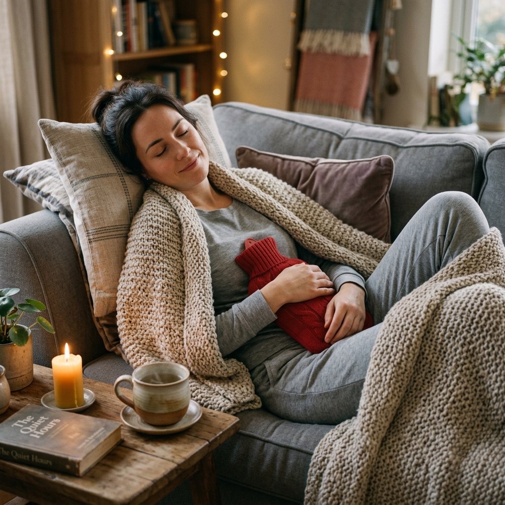 Menstrual Phase: Rest and Gentle Movement woman resting with hot water bottle during menstrual phase cycle syncing