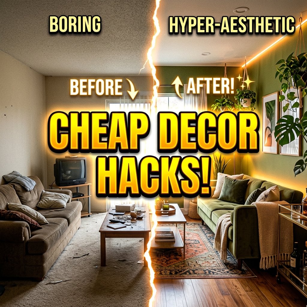 clickbait thumbnail for budget friendly home decor ideas