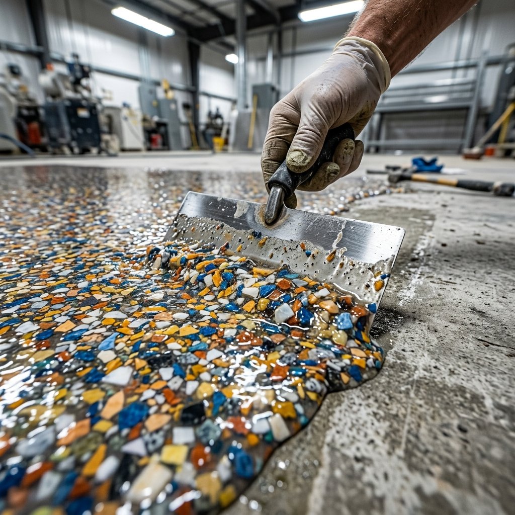 contractor applying decorative epoxy flooring on concrete