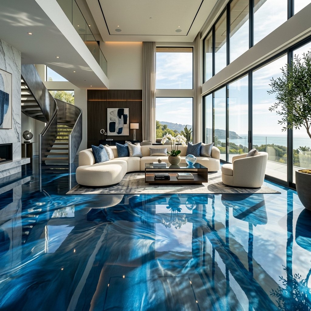 metallic blue decorative epoxy flooring in modern living room