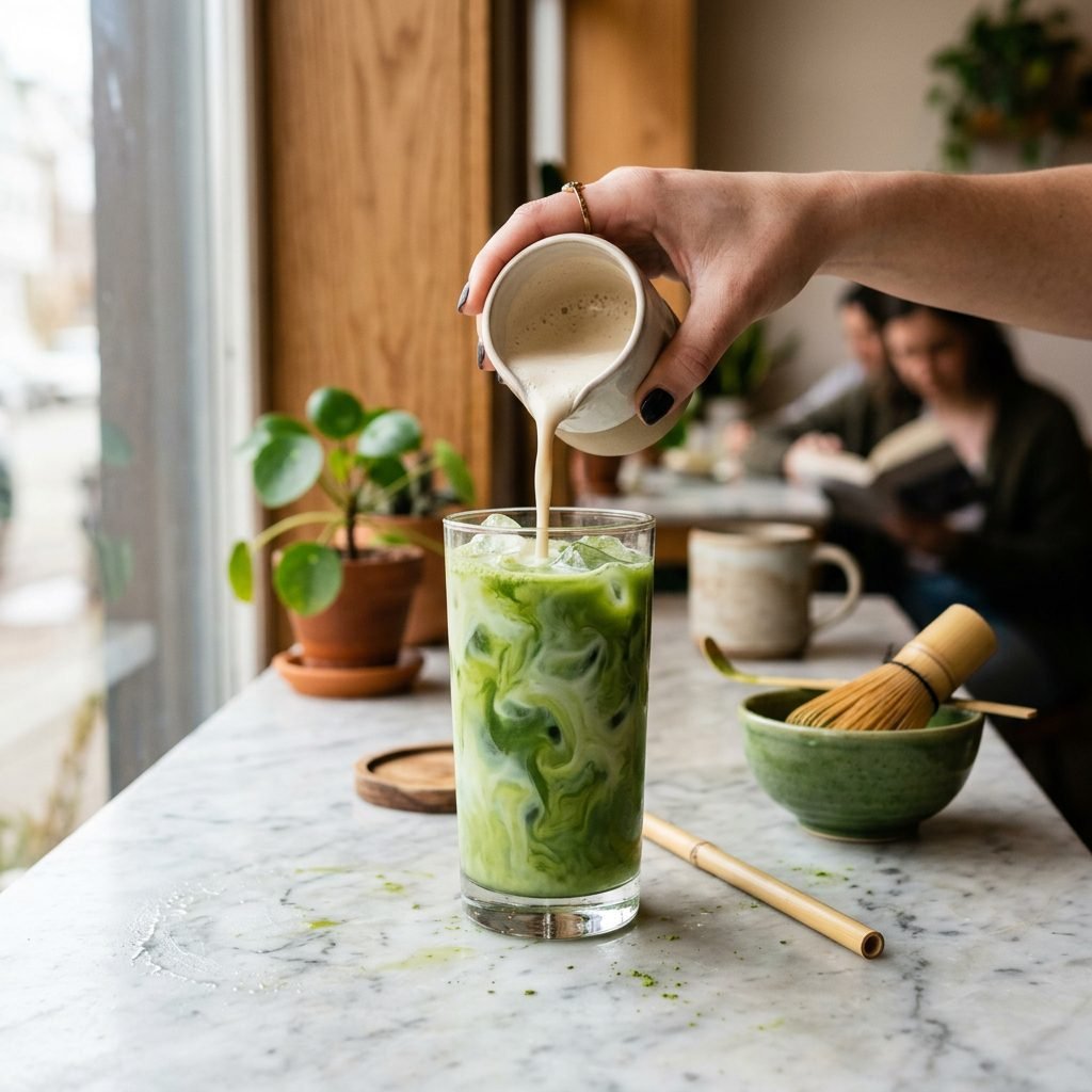 how to make a matcha latte with frothed oat milk