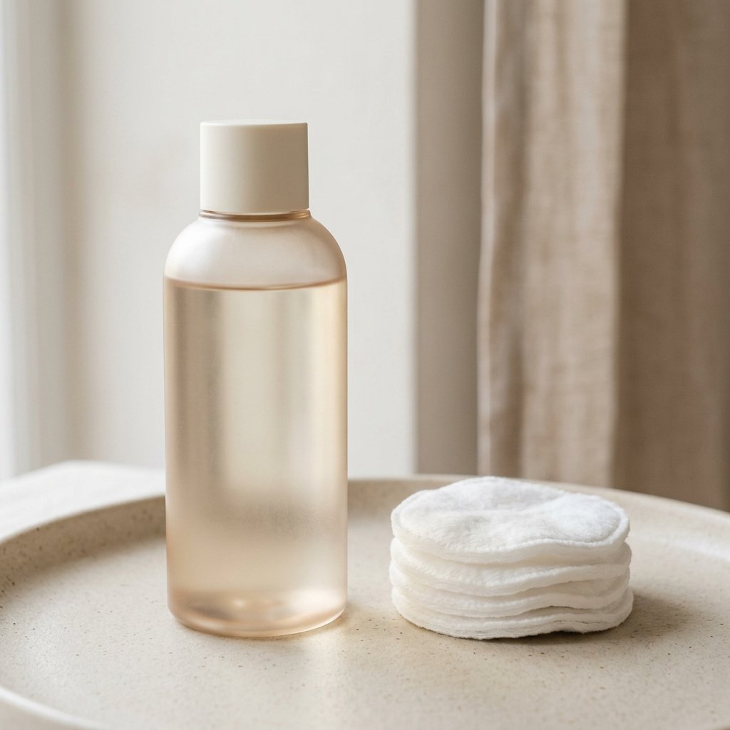 Korean exfoliating BHA toner bottle next to clean cotton pads
