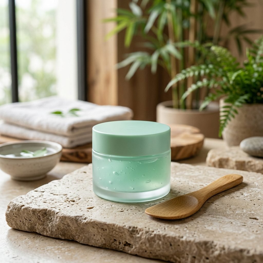 Soothing Korean gel moisturizer jar next to a bamboo spatula