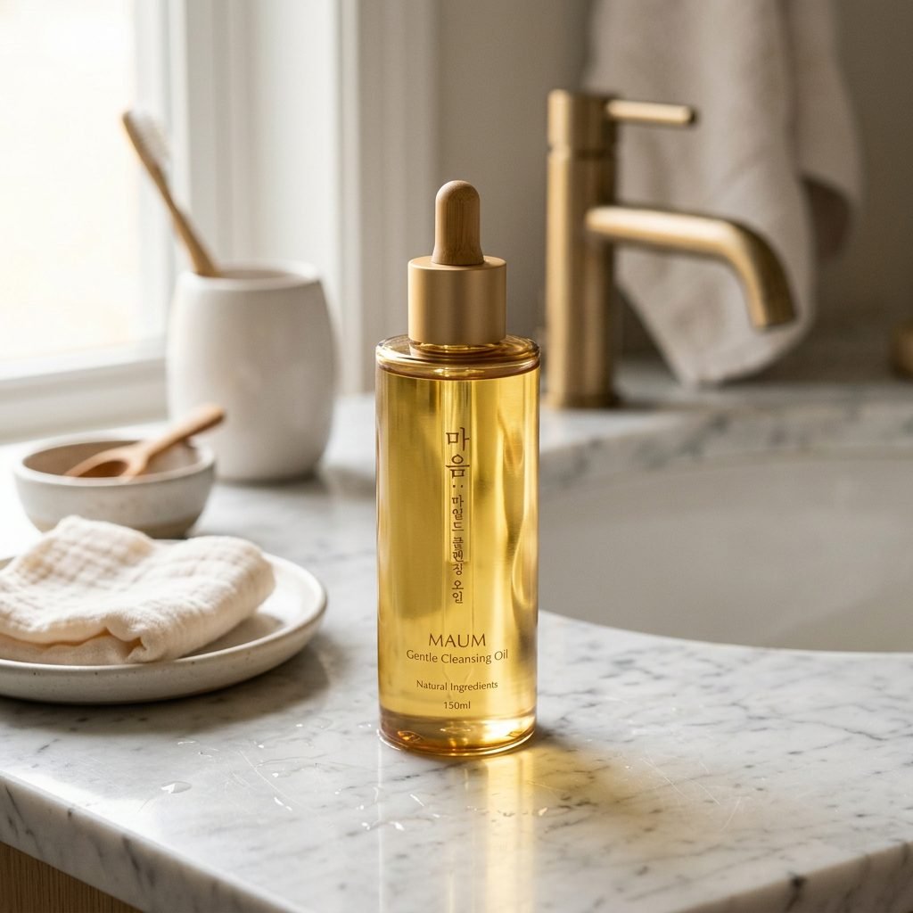 Luxurious Korean cleansing oil bottle on a marble bathroom sink