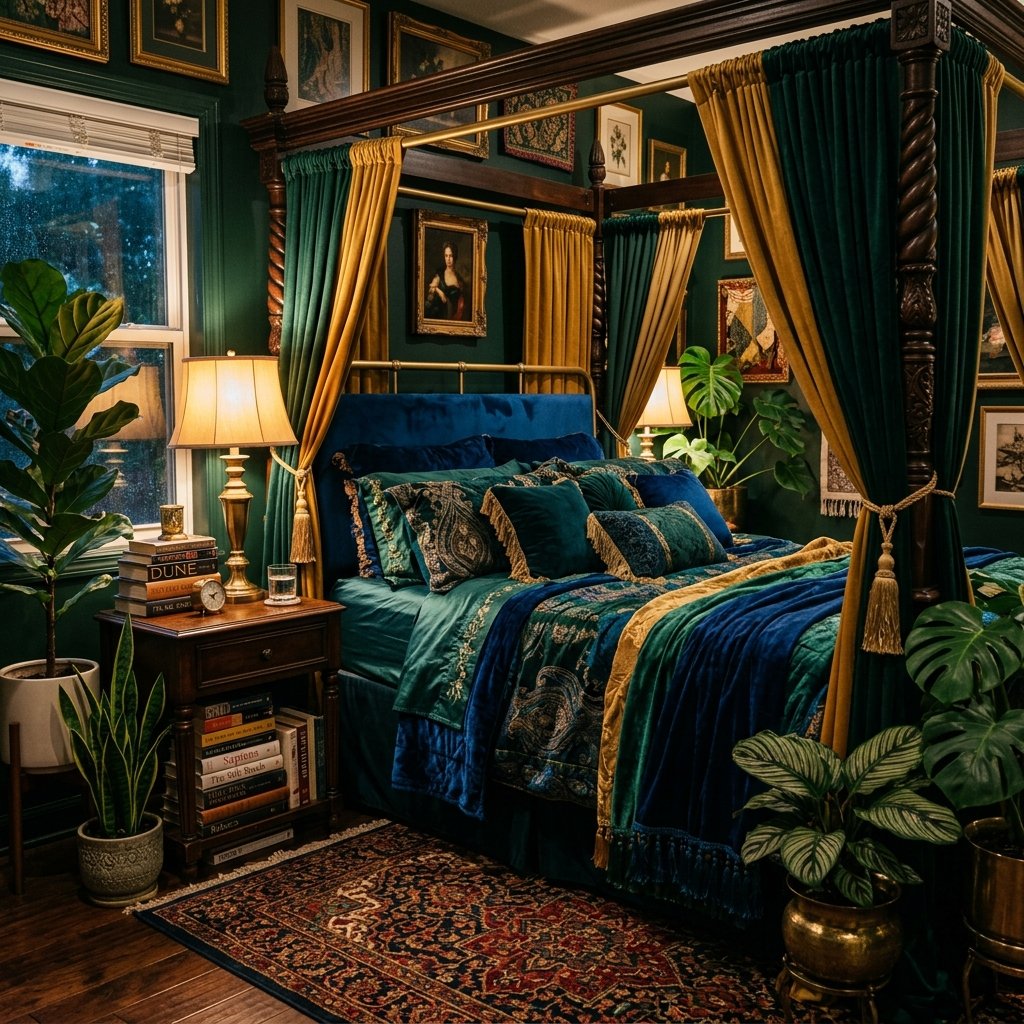 maximalist bedroom with jewel-tone bedding and lush tropical plants