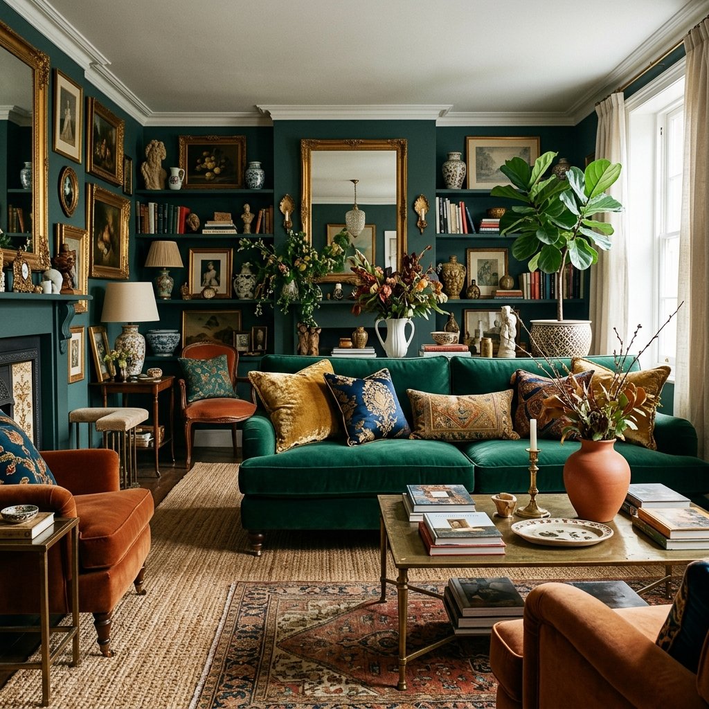 maximalist decor color story with emerald sofa gold accents and jute rug