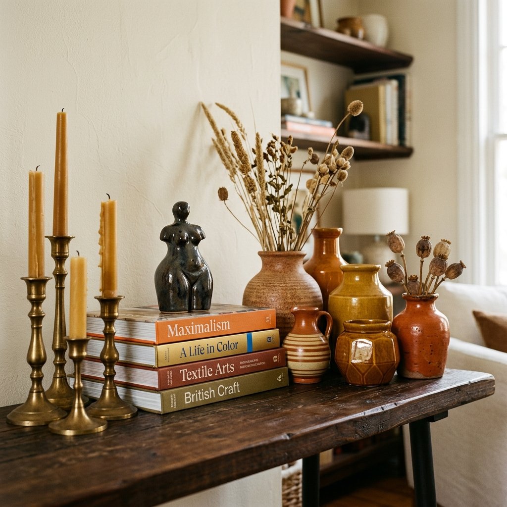 maximalist decor grouped objects on shelf with brass candlesticks and ceramics