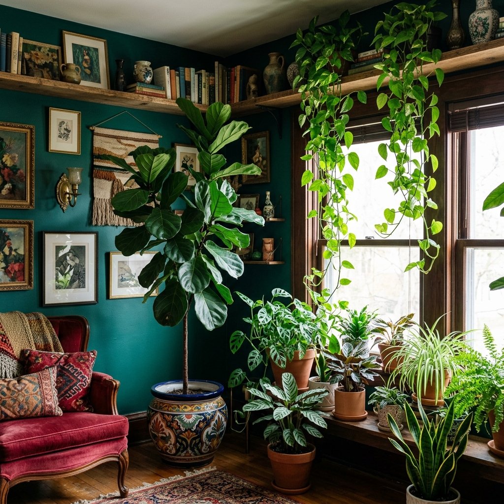 maximalist decor with large fiddle leaf fig and lush indoor plants