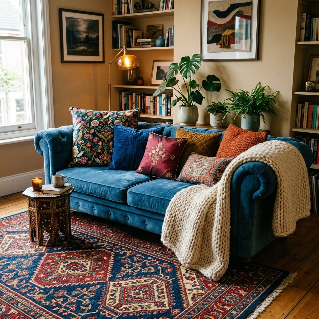maximalist decor layered textiles with patterned rug and velvet cushions