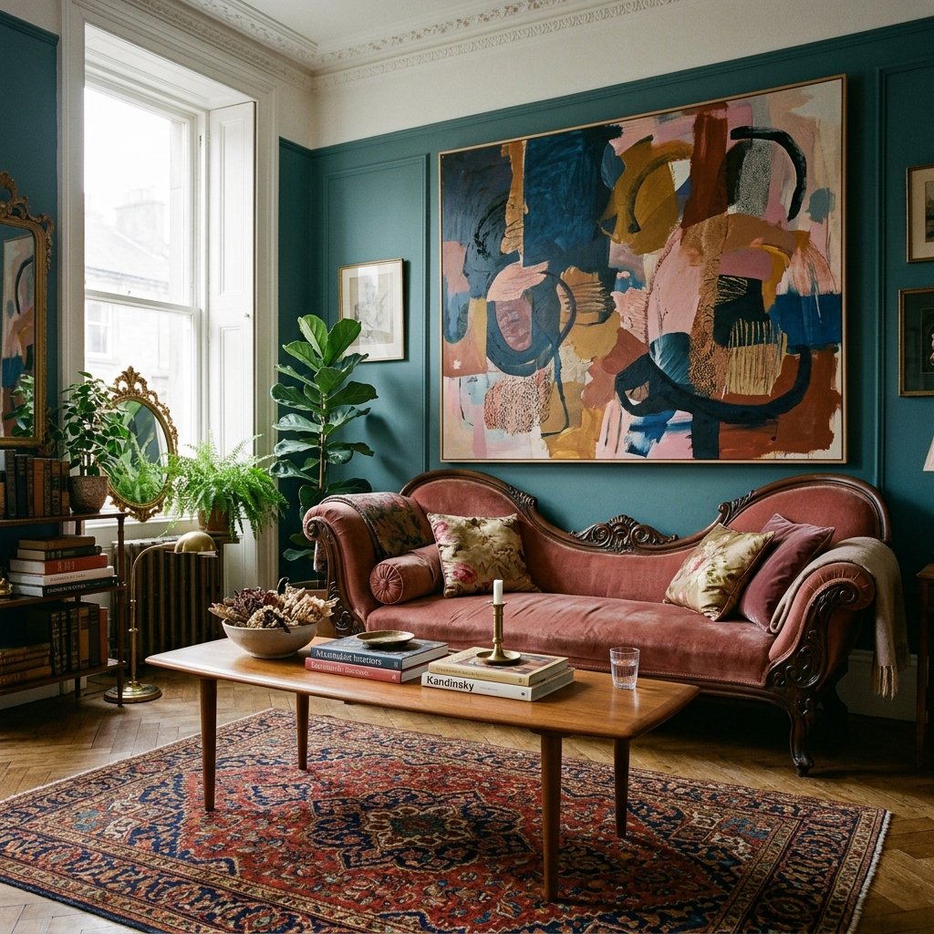 maximalist decor mixing eras with Victorian chaise and mid-century modern table