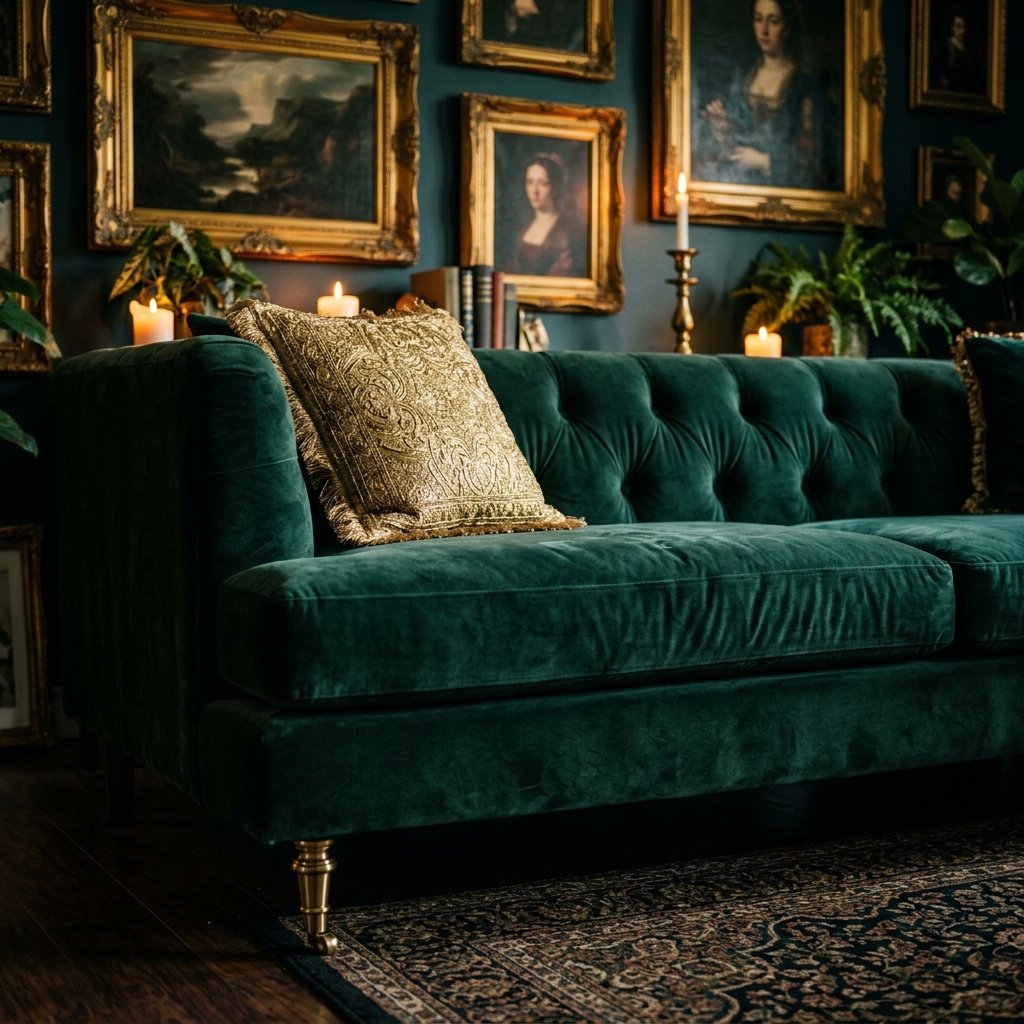 maximalist decor forest green velvet sofa as hero fabric