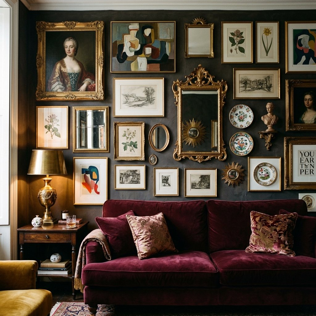 maximalist gallery wall with gold-framed art above burgundy velvet sofa