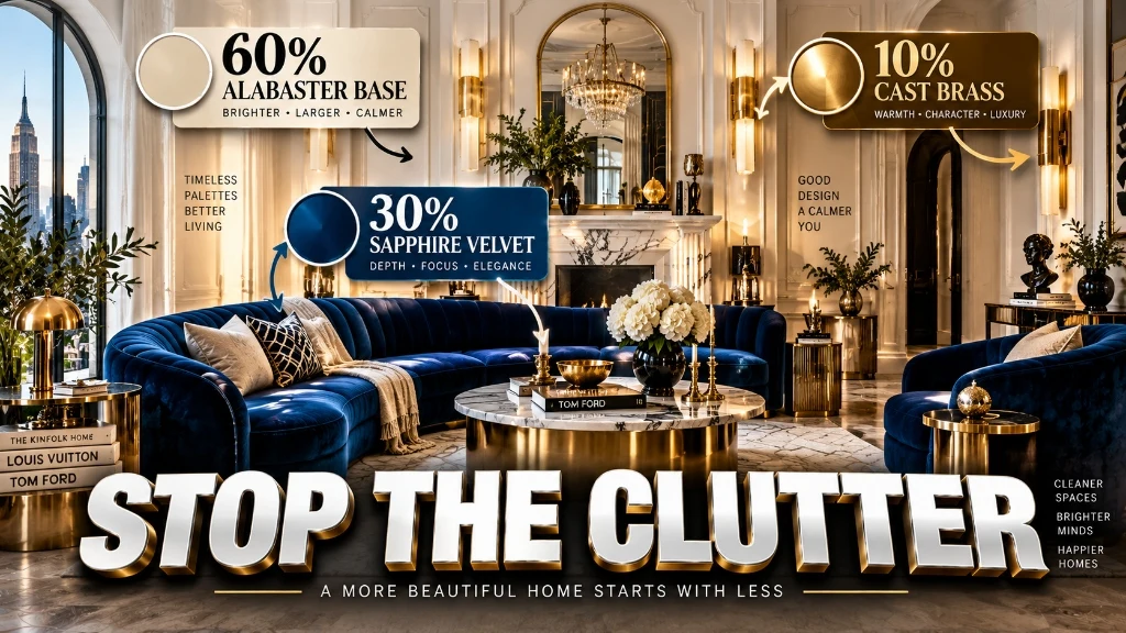 Art deco living room diagram showing 60 percent neutral base 30 percent velvet furniture and 10 percent brass accents