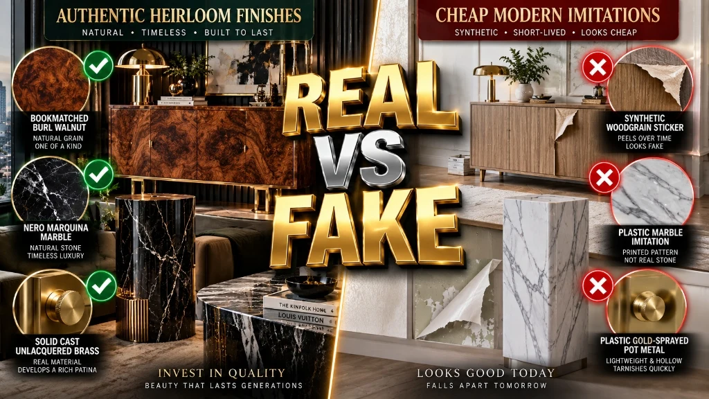 Authentic art deco materials featuring bookmatched burl walnut veneer fluted marble and unlacquered brass