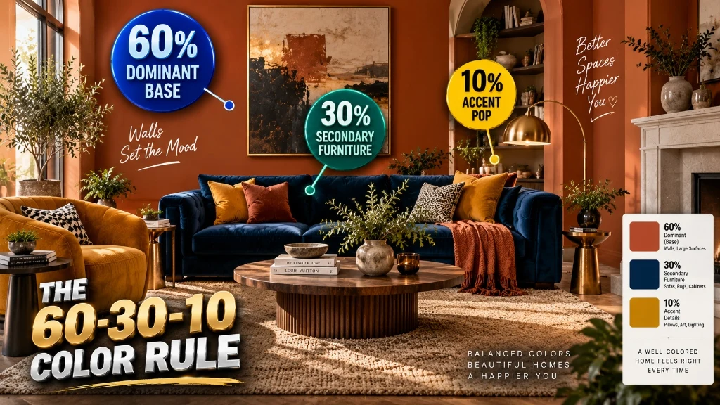 Vibrant living room color palette breakdown showing 60 percent dominant 30 percent secondary and 10 percent accent distribution