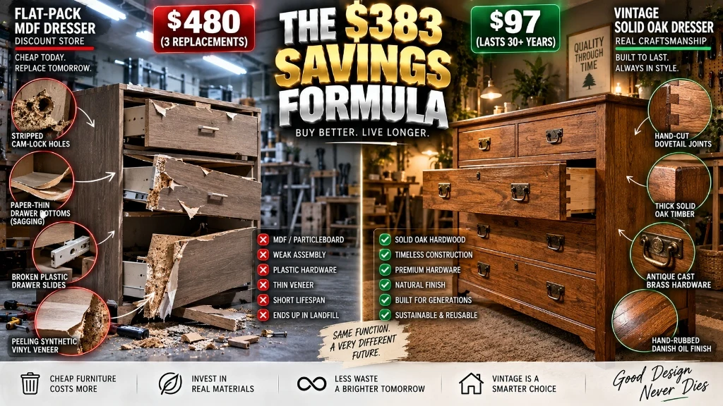 Furniture lifecycle cost infographic comparing disposable flat pack MDF dresser against restored solid oak dresser
