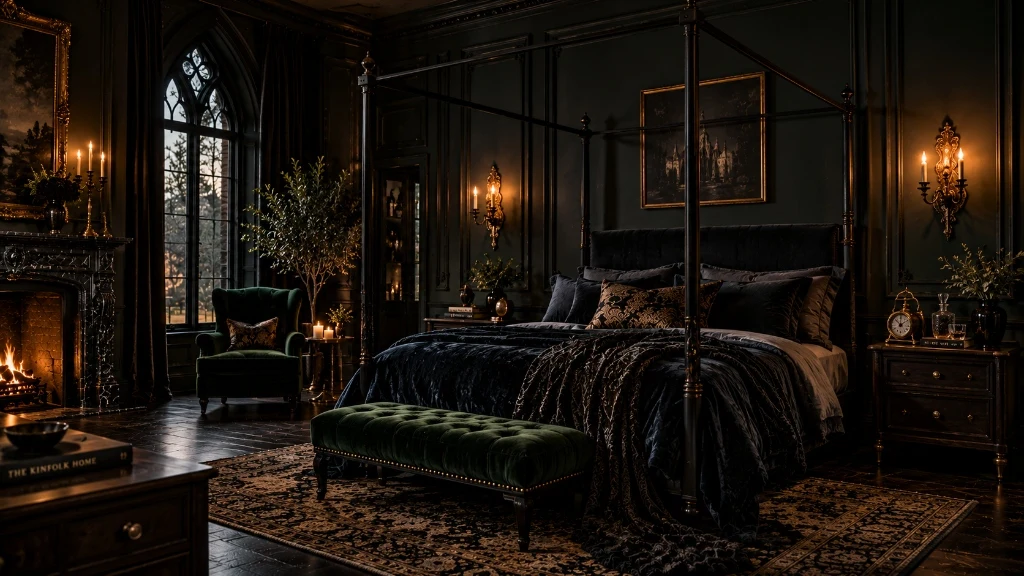 gothic decoration home master bedroom with wrought iron canopy bed and warm lighting