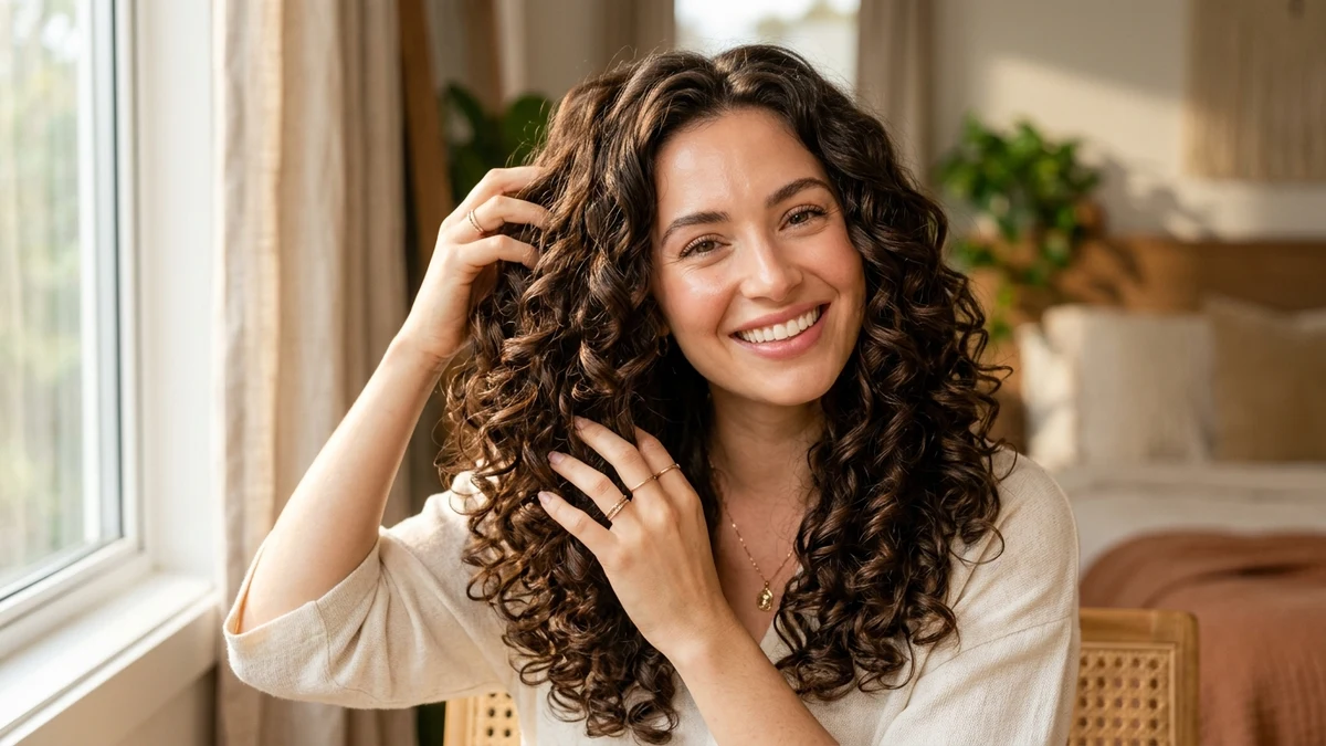 Defined bouncy heatless curls unraveled in morning sunlight with smooth frizz free finish