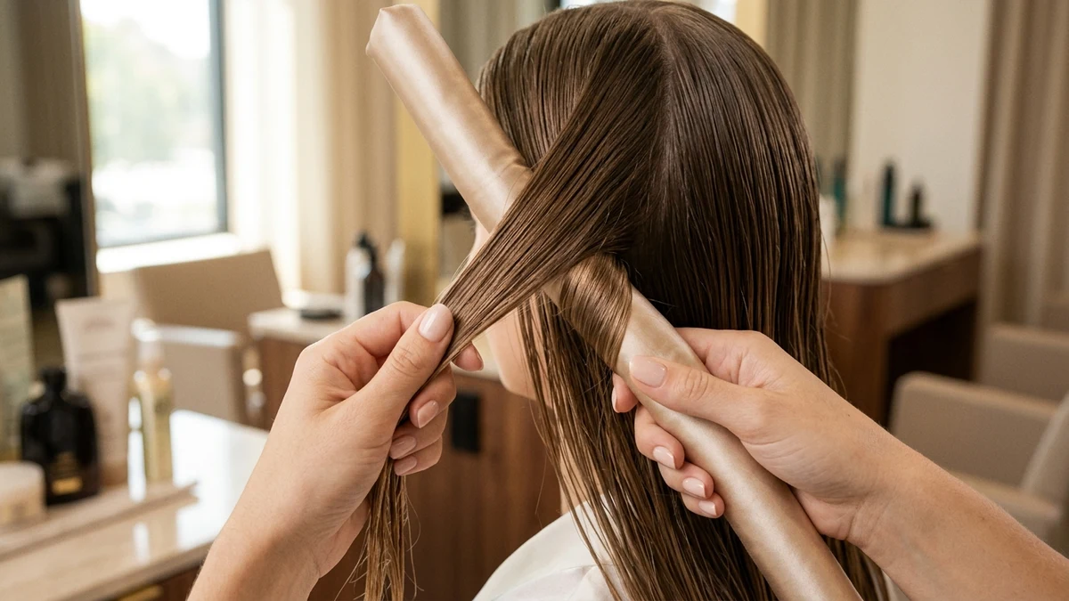 Step by step 45 degree diagonal wrapping technique for heatless curls with silk ribbon