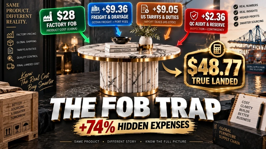 Landed cost breakdown infographic for imported home decor comparing factory price against shipping tariffs and inspection fees