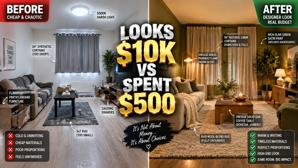 Lower middle class home decor before and after comparison showing high end design on a tight budget