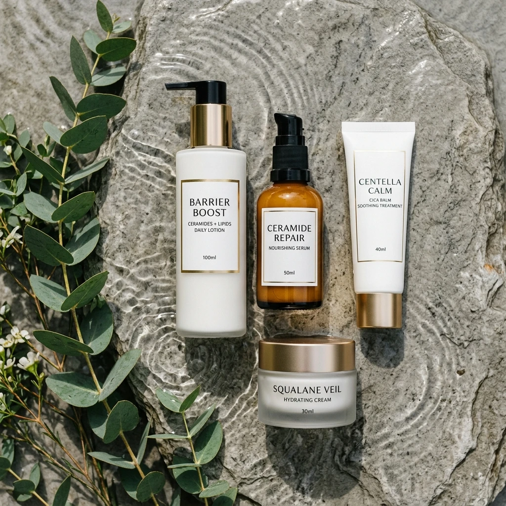 Essential barrier-safe skincare products required for the retinol sandwich method including ceramide lotion and barrier repair cream
