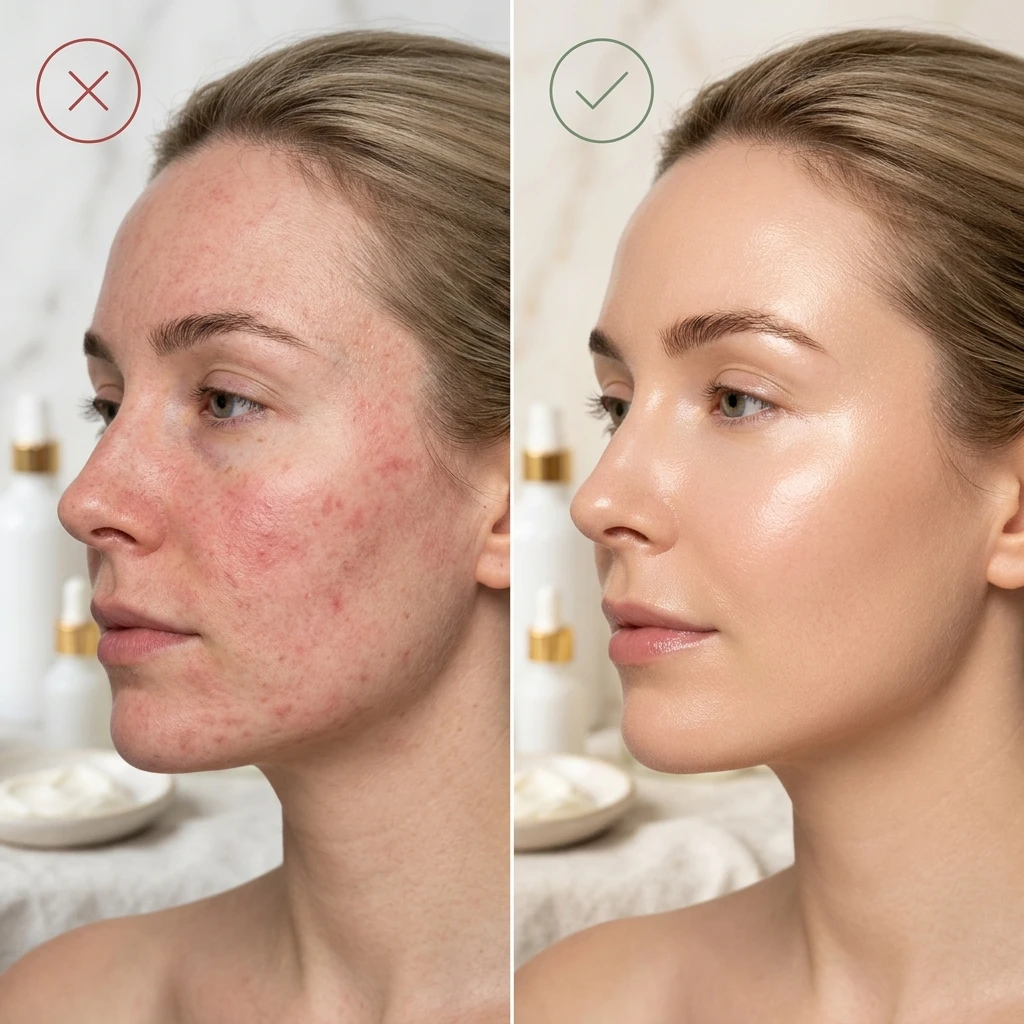 Split comparison showing skin peeling from unbuffered retinol versus calm glowing skin from the retinol sandwich method