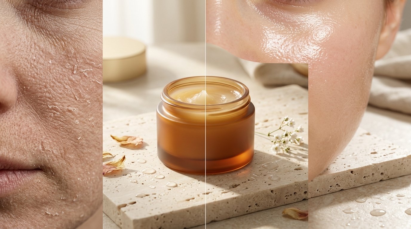 Slugging skincare routine for dry skin before and after skin barrier restoration