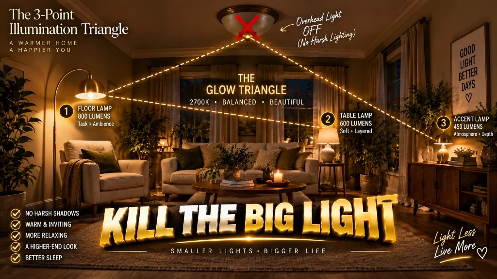 Three point illumination lighting triangle diagram for living room showing warm 2700K lamp placement